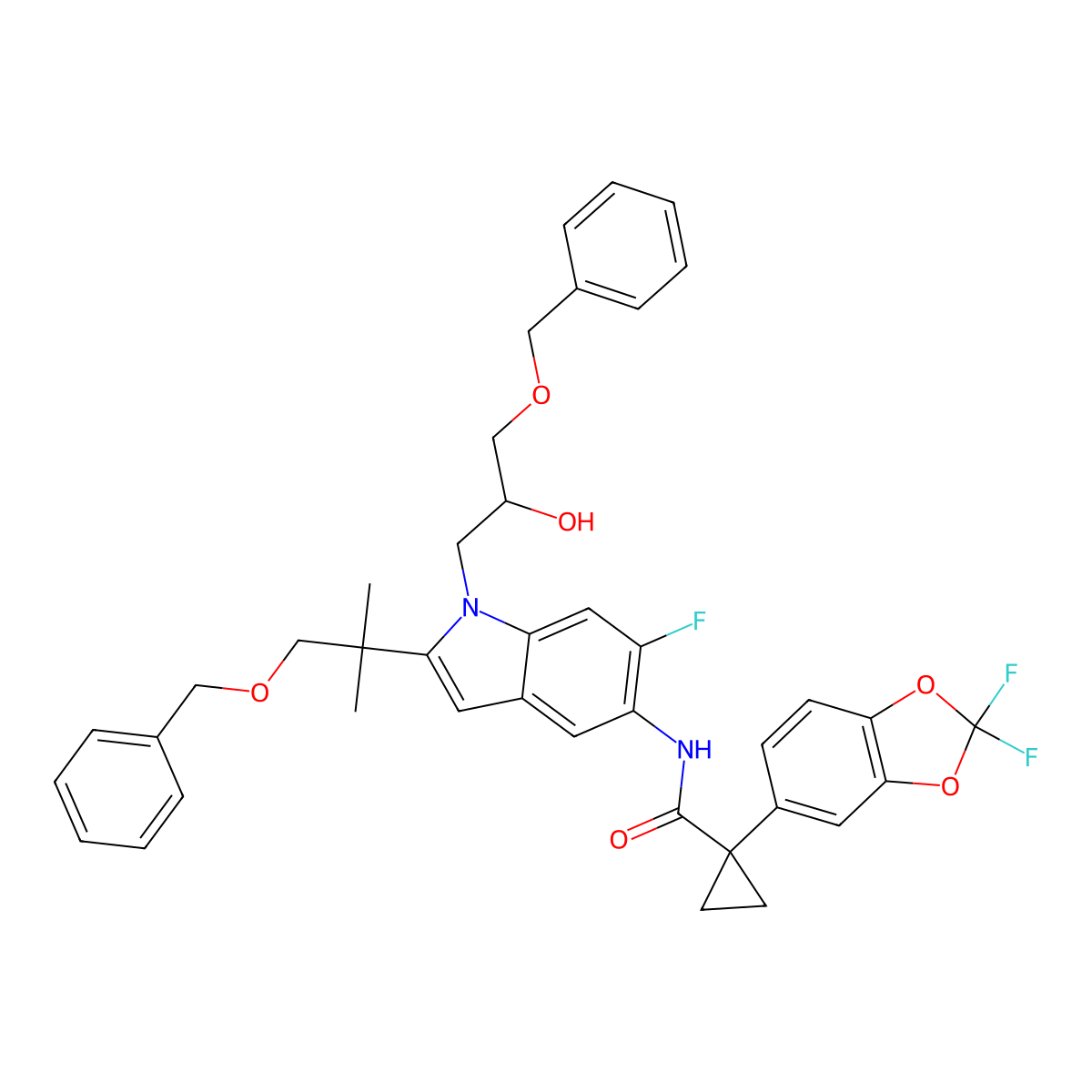 (R)-N-(1-(3-(benzyloxy)-2-hydroxypropyl)-2-(1-(benzyloxy)-2-methylpropan-2-yl)-6-fluoro-1H-indol-5-yl)-1-(2,2-difluorobenzo[d][1,3]dioxol-5-yl)cyclopropanecarboxamide molecular structure, CAS 1294504-68-9