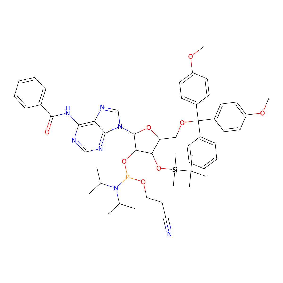 Adenosine, N-benzoyl-5'-O-[bis(4-methoxyphenyl)phenylmethyl]-3'-O-[(1,1-dimethylethyl)dimethylsilyl]-, 2'-[2-cyanoethyl N,N-bis(1-methylethyl)phosphoramidite] molecular structure, CAS 129451-75-8