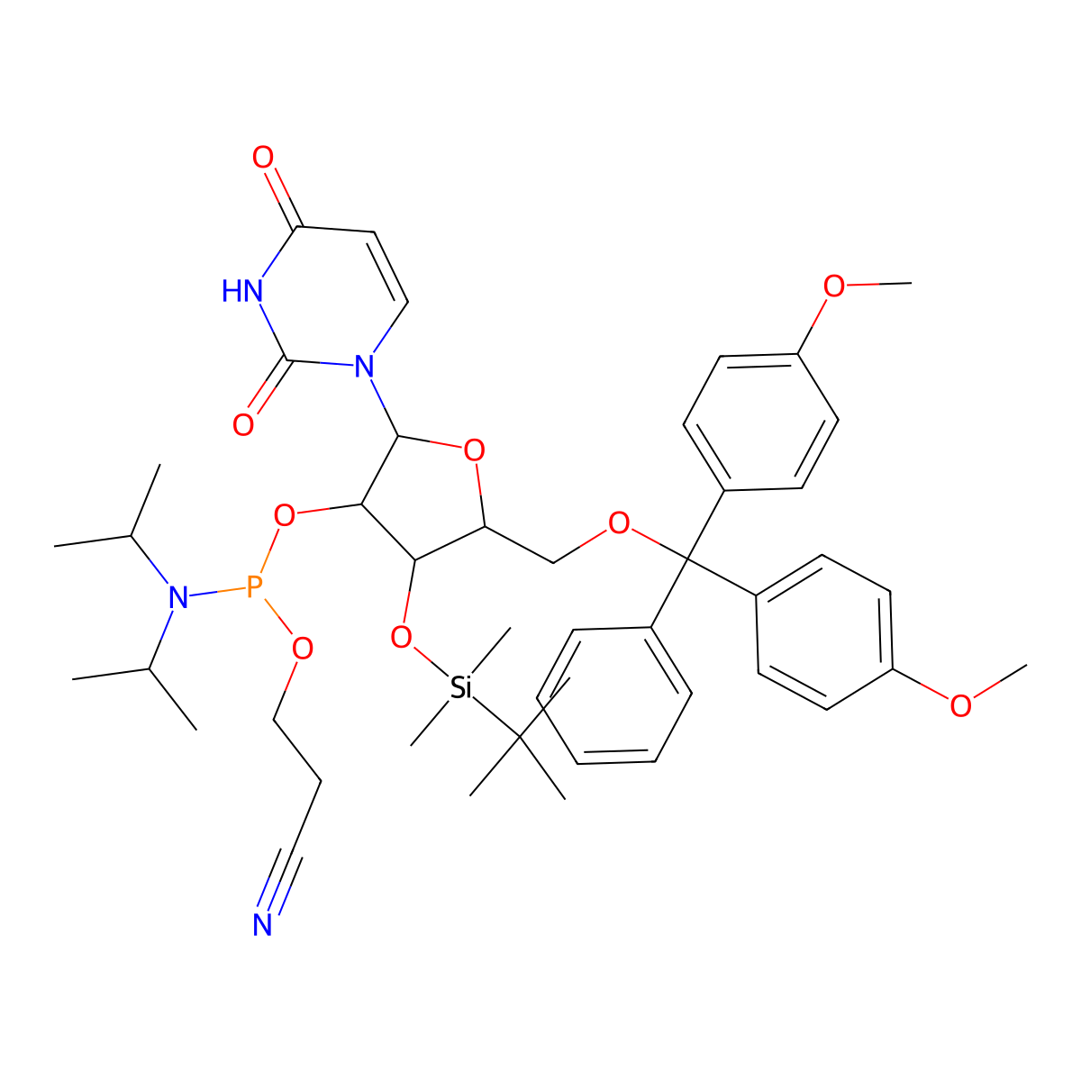(2R,3R,4R,5R)-5-((Bis(4-methoxyphenyl)(phenyl)methoxy)methyl)-4-((tert-butyldimethylsilyl)oxy)-2-(2,4-dioxo-3,4-dihydropyrimidin-1(2H)-yl)tetrahydrofuran-3-yl (2-cyanoethyl) diisopropylphosphoramidite molecular structure, CAS 129451-77-0