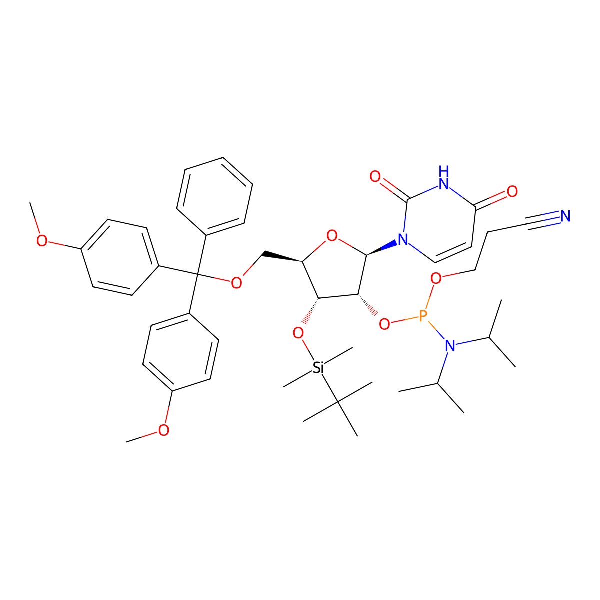 (2R,3R,4R,5R)-5-((Bis(4-methoxyphenyl)(phenyl)methoxy)methyl)-4-((tert-butyldimethylsilyl)oxy)-2-(2,4-dioxo-3,4-dihydropyrimidin-1(2H)-yl)tetrahydrofuran-3-yl (2-cyanoethyl) diisopropylphosphoramidite molecular structure, CAS 129451-77-0