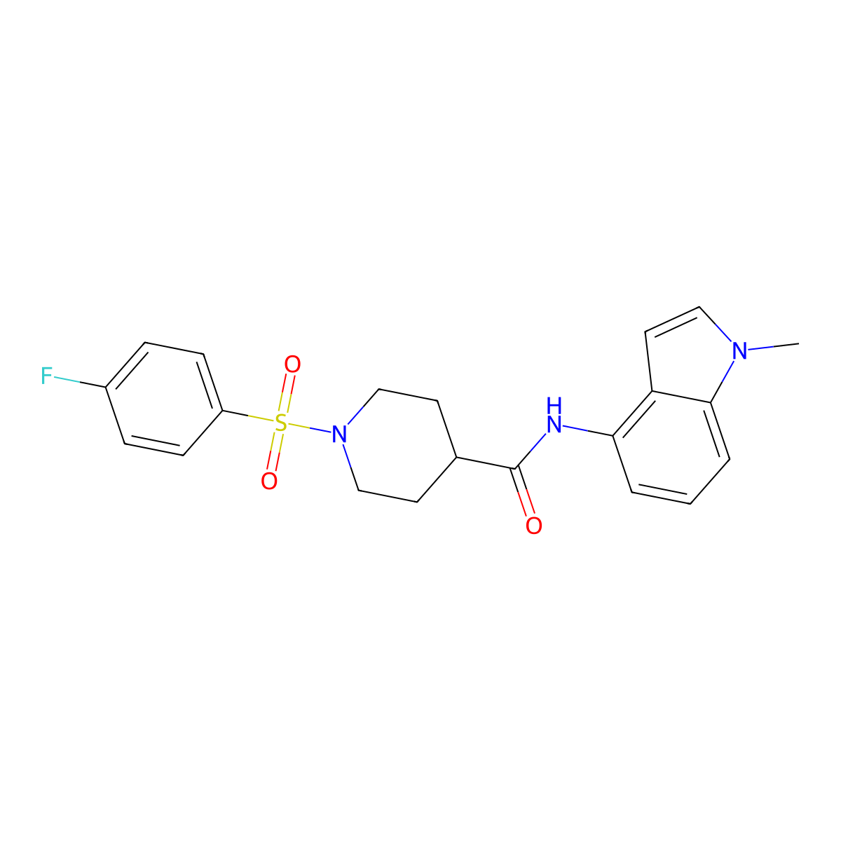 1-[(4-fluorophenyl)sulfonyl]-N-(1-methyl-1H-indol-4-yl)piperidine-4-carboxamide molecular structure, CAS 1294566-03-2