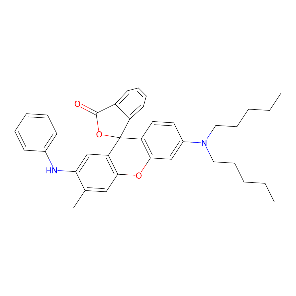 Spiro[isobenzofuran-1(3H),9'-[9H]xanthen]-3-one, 6'-(dipentylamino)-3'-methyl-2'-(phenylamino)- molecular structure, CAS 129473-78-5