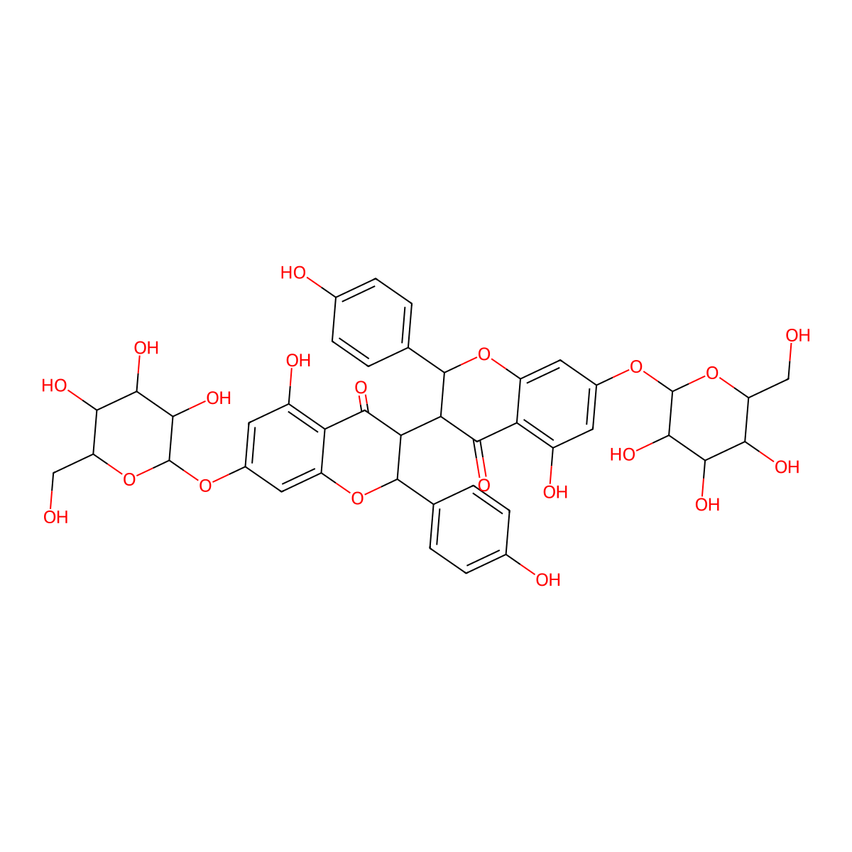 (2S,3R)-5-hydroxy-3-((2S,3R)-5-hydroxy-2-(4-hydroxyphenyl)-4-oxo-7-((2S,3R,4S,5S,6R)-3,4,5-trihydroxy-6-(hydroxymethyl)oxan-2-yl)oxy-2,3-dihydrochromen-3-yl)-2-(4-hydroxyphenyl)-7-((2S,3R,4S,5S,6R)-3,4,5-trihydroxy-6-(hydroxymethyl)oxan-2-yl)oxy-2,3-dihydrochromen-4-one molecular structure, CAS 129502-54-1