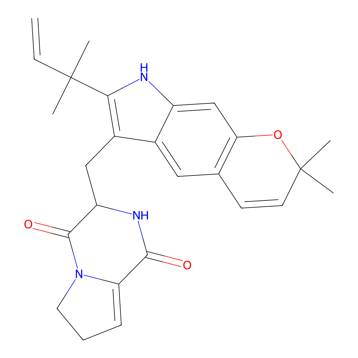 NCGC00347570-02_C26H29N3O3_3-{[2,2-Dimethyl-7-(2-methyl-3-buten-2-yl)-2,8-dihydropyrano[3,2-f]indol-6-yl]methyl}-2,3,6,7-tetrahydropyrrolo[1,2-a]pyrazine-1,4-dione molecular structure, CAS 1295308-27-8