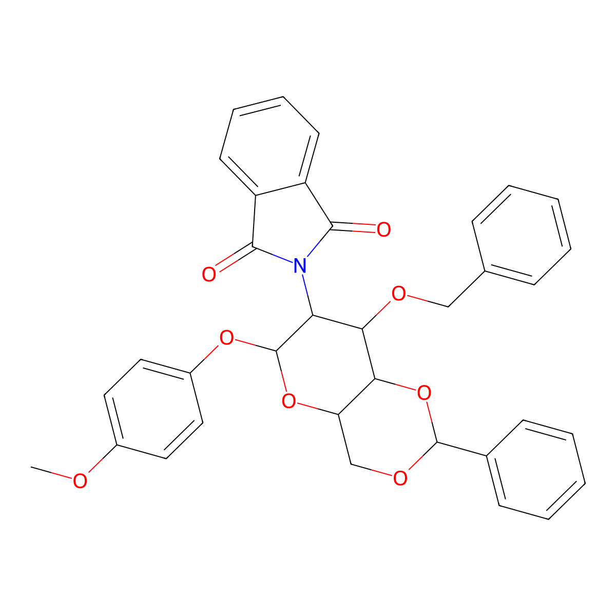 2-((4aR,6S,7R,8R,8aS)-8-(benzyloxy)-6-(4-methoxyphenoxy)-2-phenylhexahydropyrano[3,2-d][1,3]dioxin-7-yl)isoindoline-1,3-dione molecular structure, CAS 129575-88-8