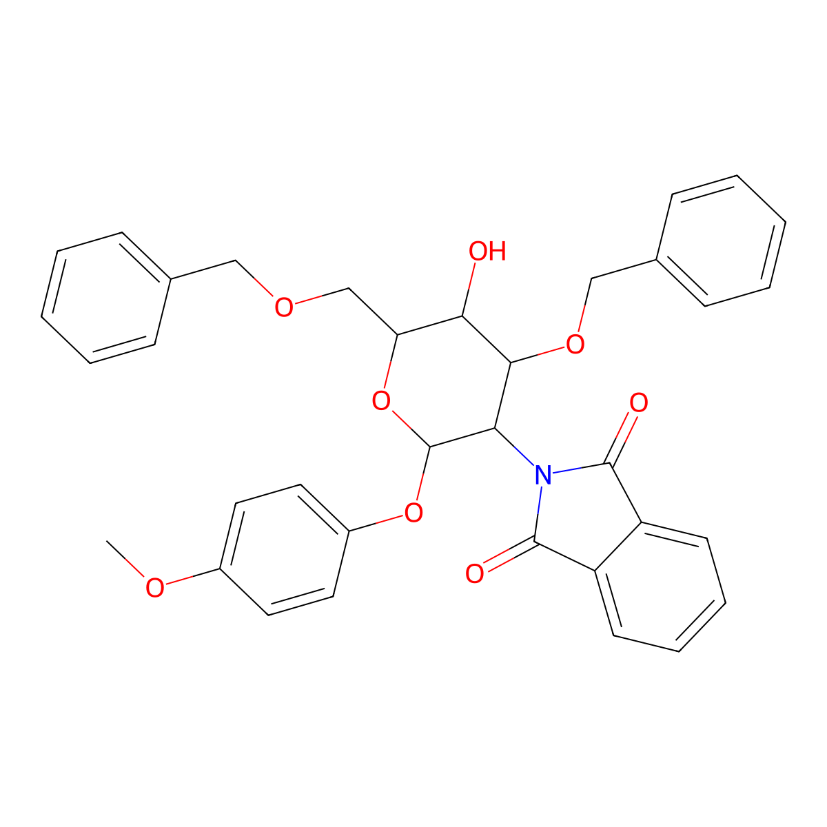 2-((2S,3R,4R,5S,6R)-5-hydroxy-2-(4-methoxyphenoxy)-4-phenylmethoxy-6-(phenylmethoxymethyl)oxan-3-yl)isoindole-1,3-dione molecular structure, CAS 129575-89-9