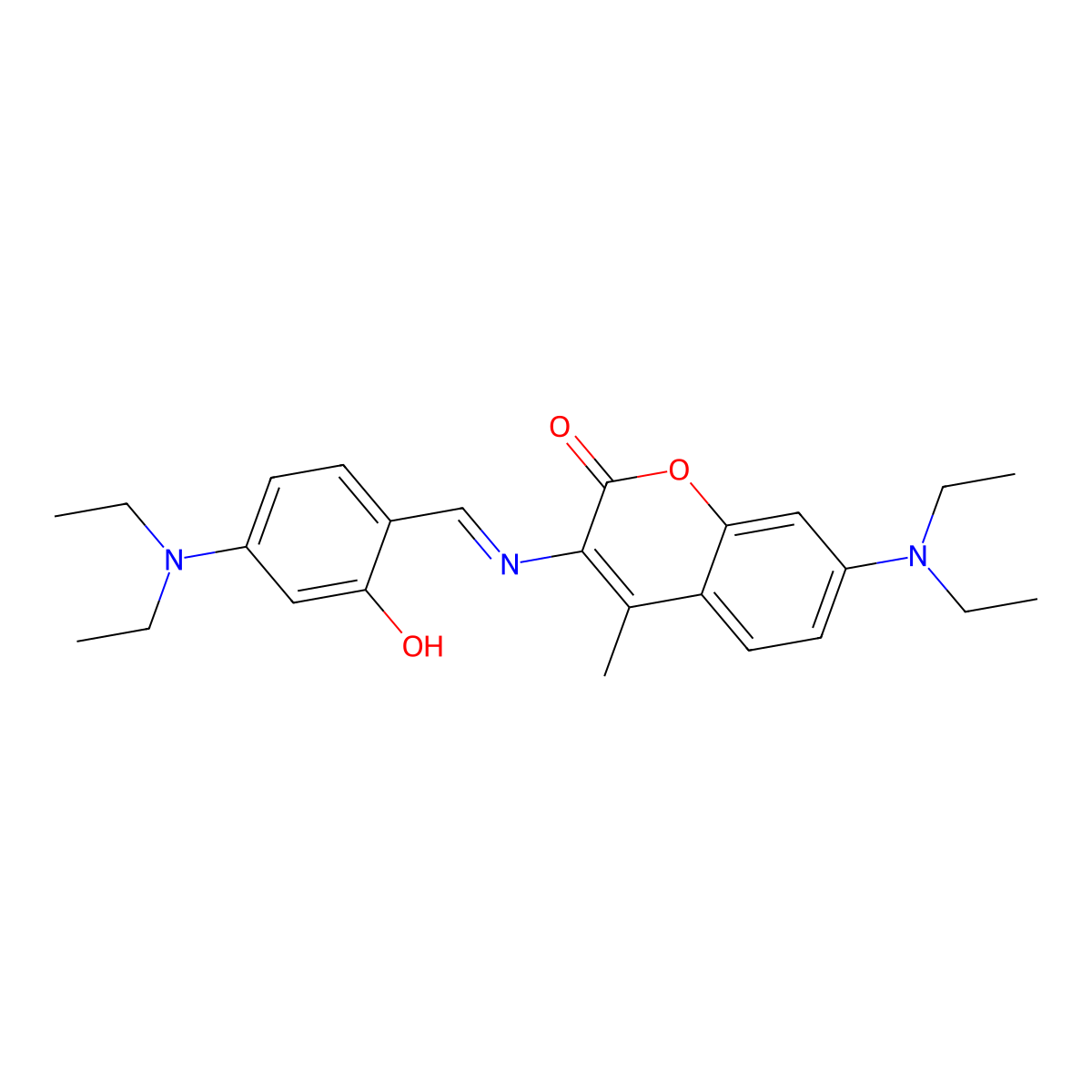 7-(diethylamino)-3-{[4-(diethylamino)-2-hydroxybenzylidene]amino}-4-methyl-2H-chromen-2-one molecular structure, CAS 129601-42-9