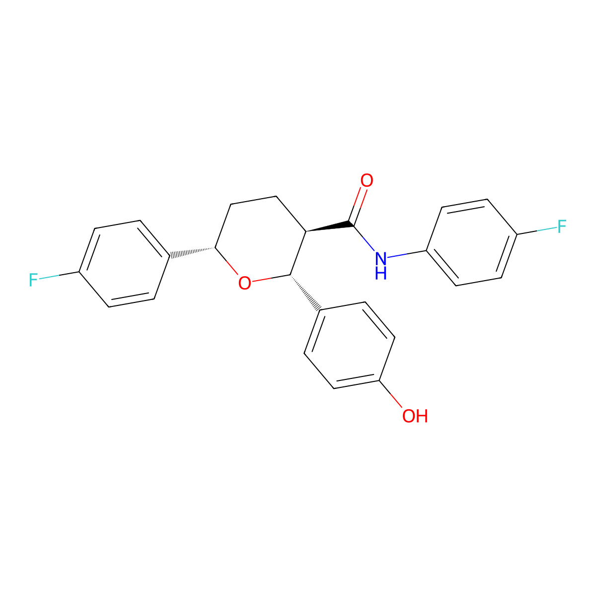 (2R,3R,6S)-N,6-Bis(4-fluorophenyl)-2-(4-hydroxyphenyl)oxane-3-carboxamide molecular structure, CAS 1296129-15-1