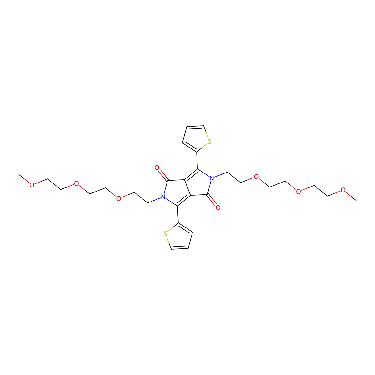2,5-bis(2-(2-(2-methoxyethoxy)ethoxy)ethyl)-3,6-di(thiophen-2-yl)pyrrolo[3,4-c]pyrrole-1,4(2H,5H)-dione molecular structure, CAS 1296131-04-8