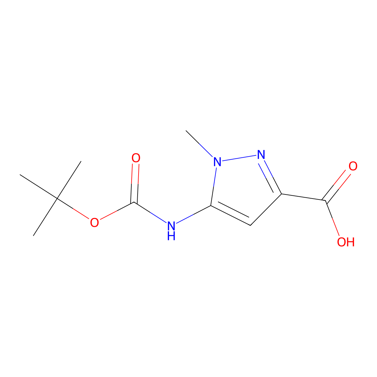5-(((tert-butoxy)carbonyl)amino)-1-methyl-1H-pyrazole-3-carboxylic acid molecular structure, CAS 1296224-76-4