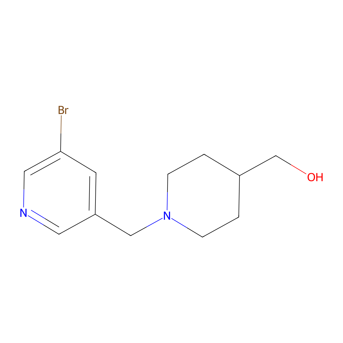 (1-((5-Bromopyridin-3-yl)methyl)piperidin-4-yl)methanol molecular structure, CAS 1296225-06-3