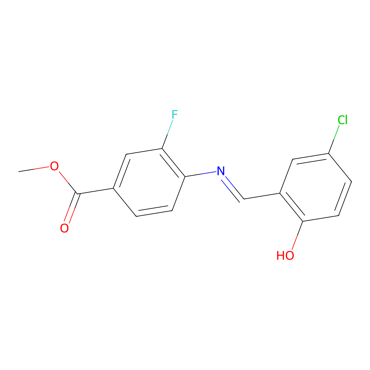 Methyl 4-{[(5-chloro-2-hydroxyphenyl)methylidene]-amino}-3-fluorobenzoate molecular structure, CAS 1296225-20-1