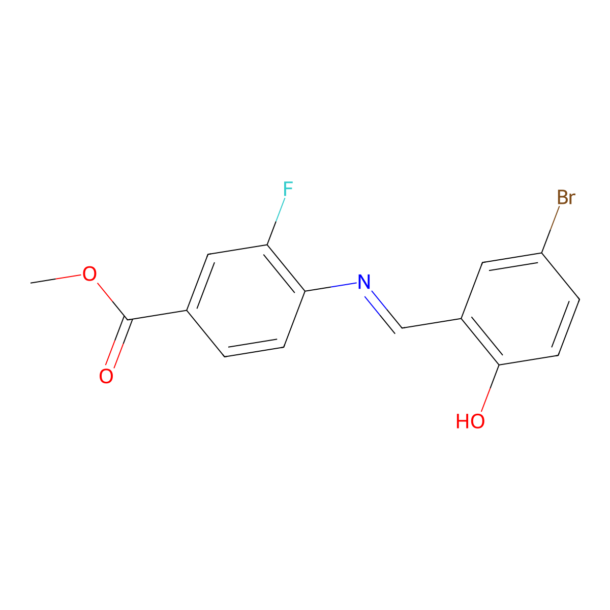 Methyl 4-{[(5-bromo-2-hydroxyphenyl)methylidene]-amino}-3-fluorobenzoate molecular structure, CAS 1296225-21-2