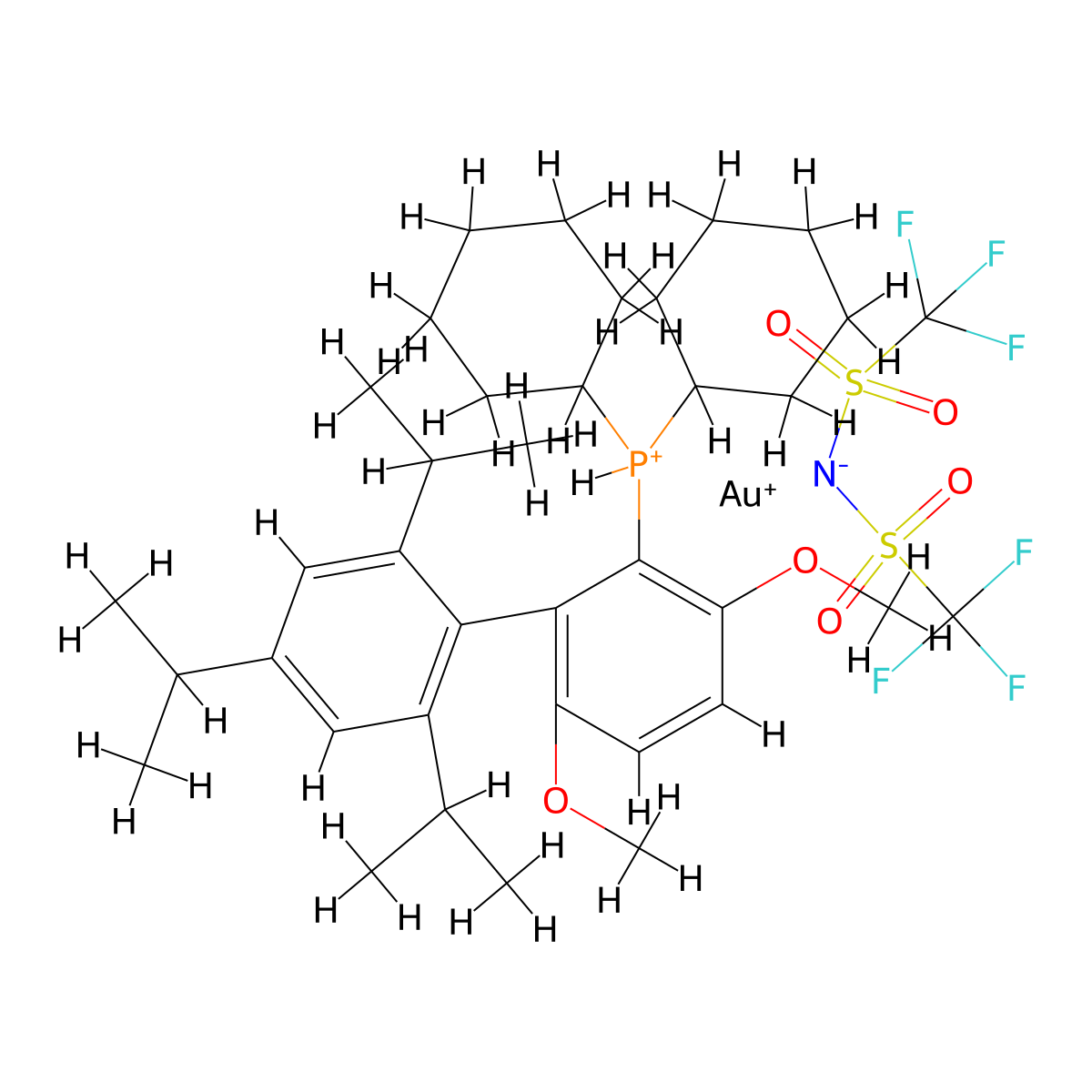[2-(Dicyclohexylphosphino)-3,6-dimethoxy-2',4',6'-triisopropyl-1,1'-biphenyl]gold(I) bis(trifluoromethanesulfonyl)imide , BrettPhos AuNTf2 molecular structure, CAS 1296269-97-0