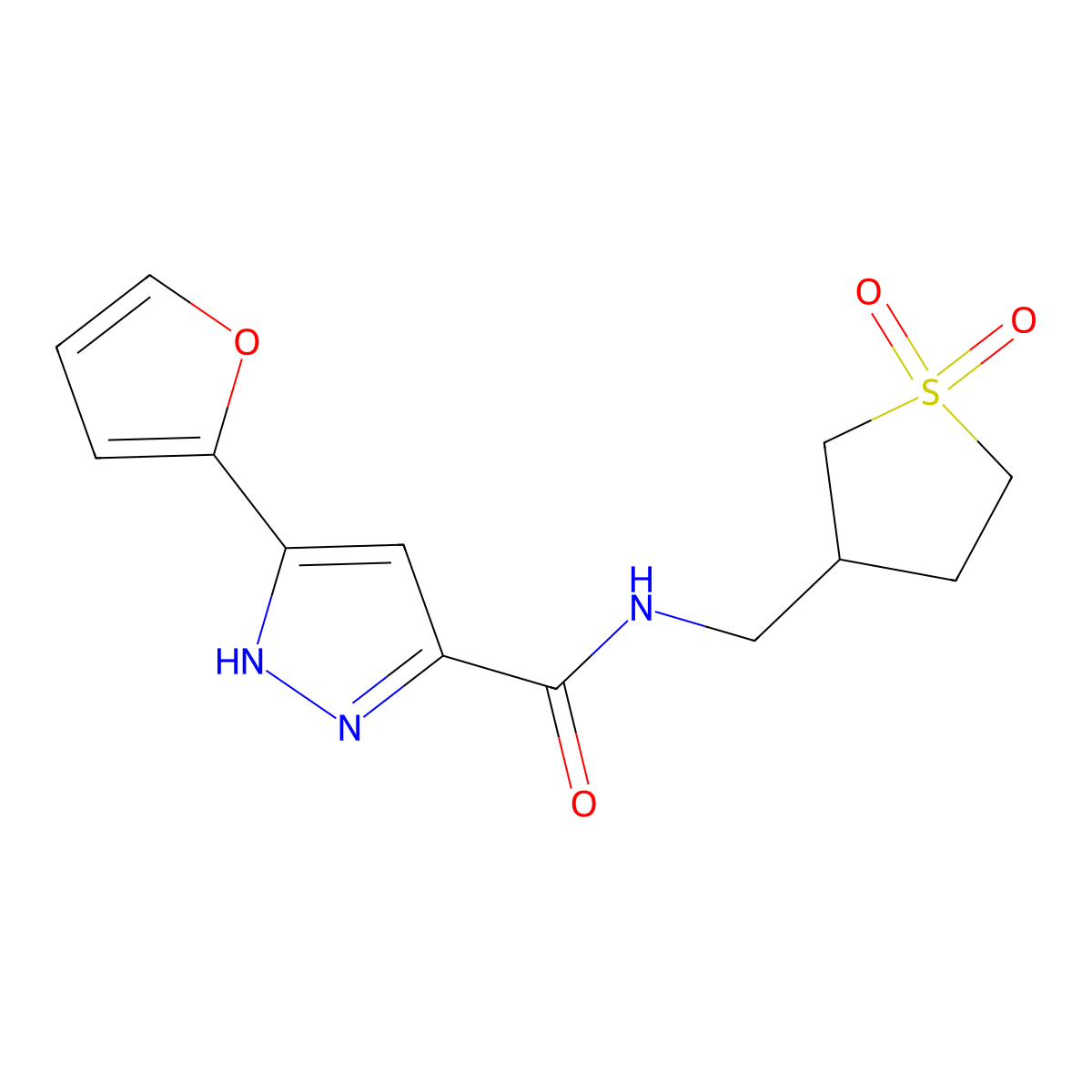 N-((1,1-dioxidotetrahydrothiophen-3-yl)methyl)-3-(furan-2-yl)-1H-pyrazole-5-carboxamide molecular structure, CAS 1296272-09-7
