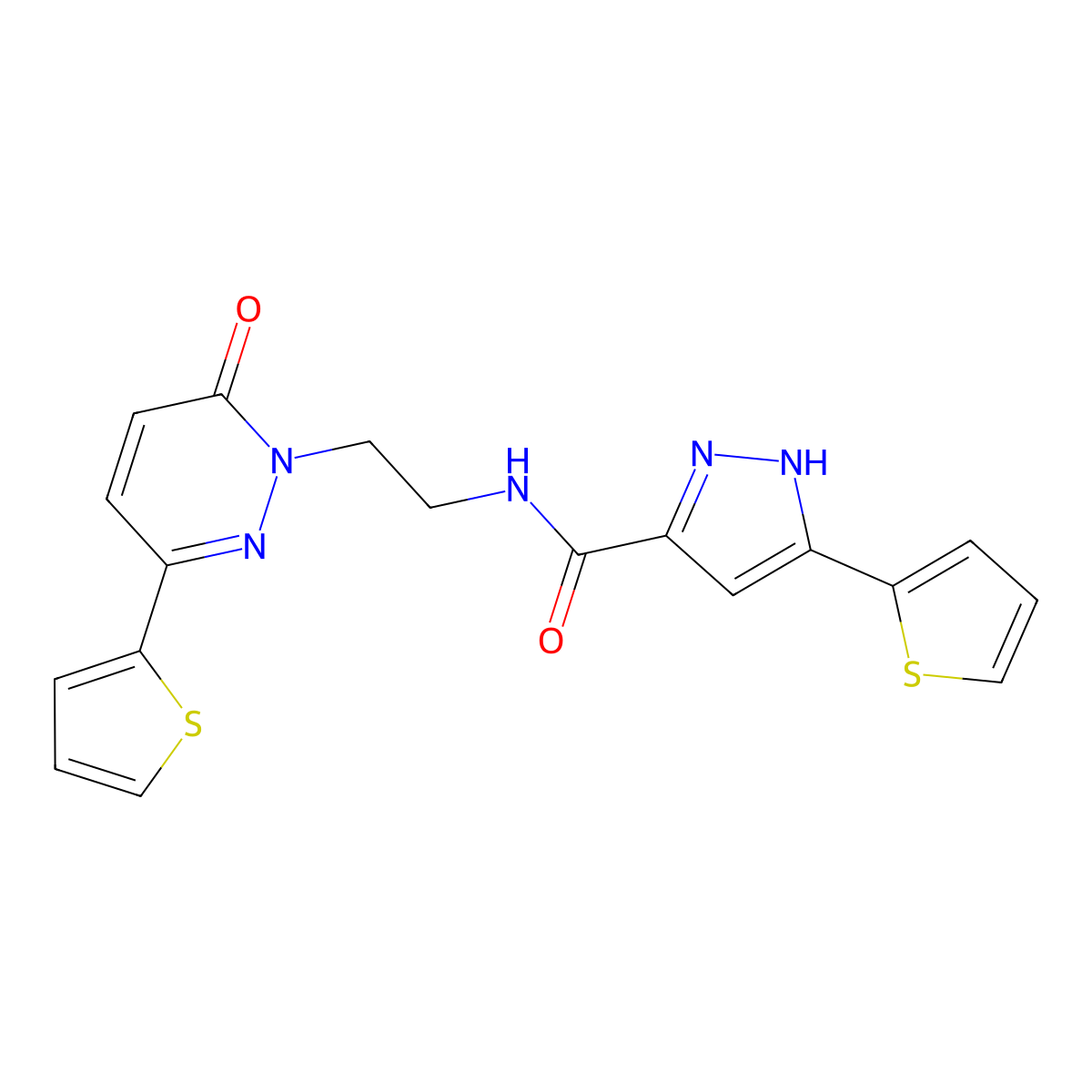 N-(2-(6-oxo-3-(thiophen-2-yl)pyridazin-1(6H)-yl)ethyl)-3-(thiophen-2-yl)-1H-pyrazole-5-carboxamide molecular structure, CAS 1296272-77-9