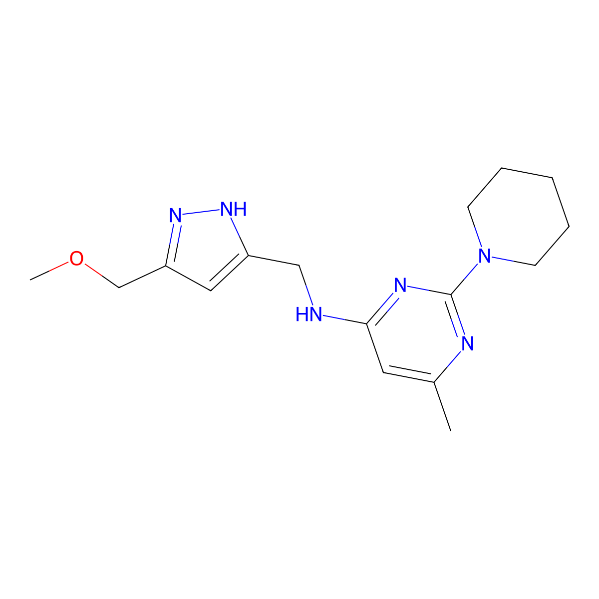 N-[[3-(methoxymethyl)-1H-pyrazol-5-yl]methyl]-6-methyl-2-piperidin-1-ylpyrimidin-4-amine molecular structure, CAS 1296274-70-8