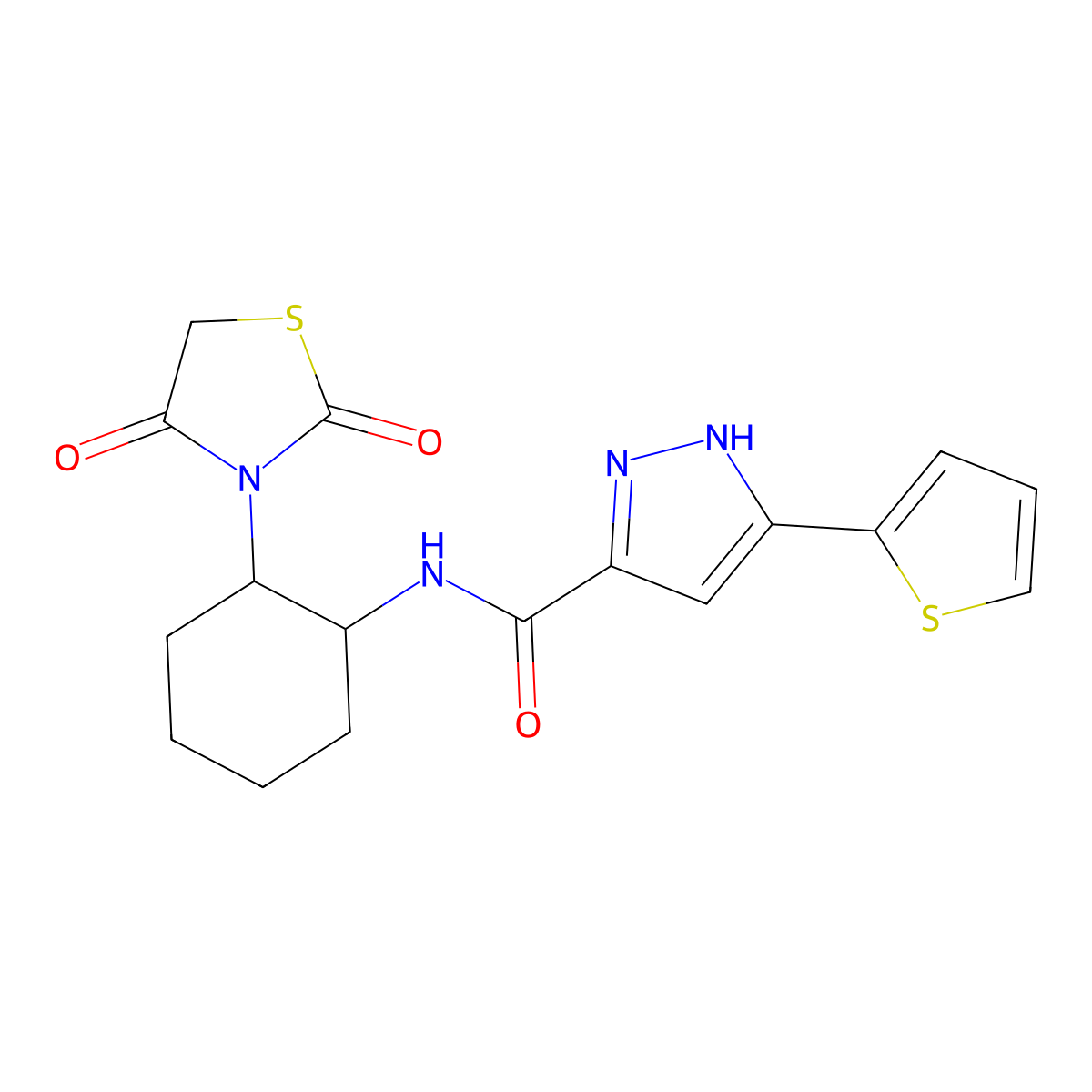 N-(2-(2,4-dioxothiazolidin-3-yl)cyclohexyl)-3-(thiophen-2-yl)-1H-pyrazole-5-carboxamide molecular structure, CAS 1296274-84-4