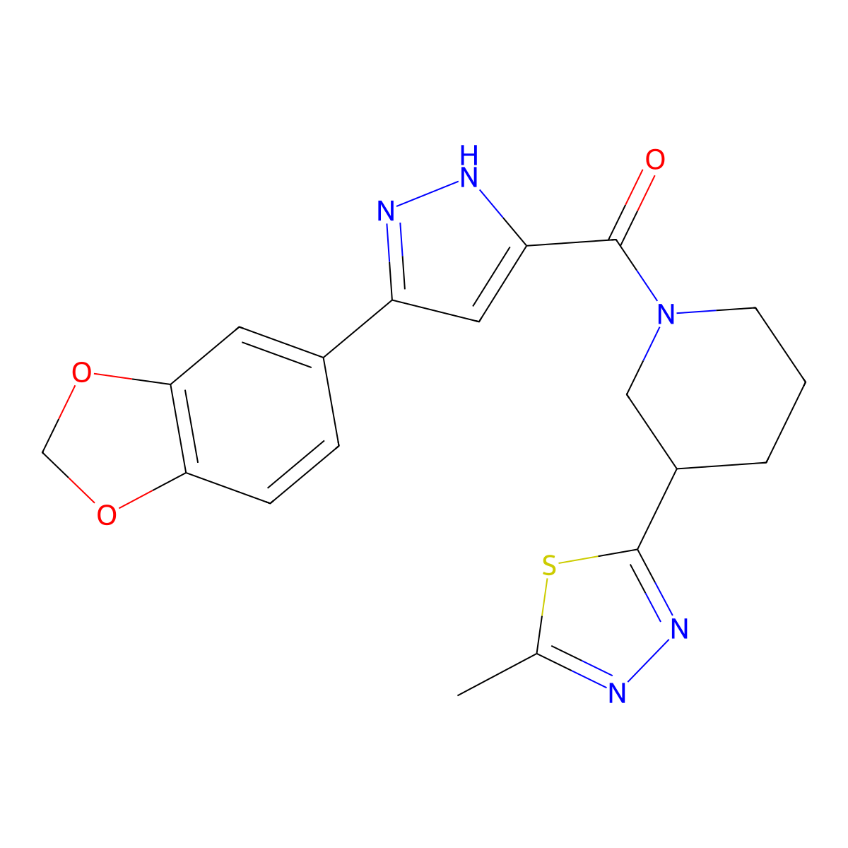 (3-(benzo[d][1,3]dioxol-5-yl)-1H-pyrazol-5-yl)(3-(5-methyl-1,3,4-thiadiazol-2-yl)piperidin-1-yl)methanone molecular structure, CAS 1296274-90-2