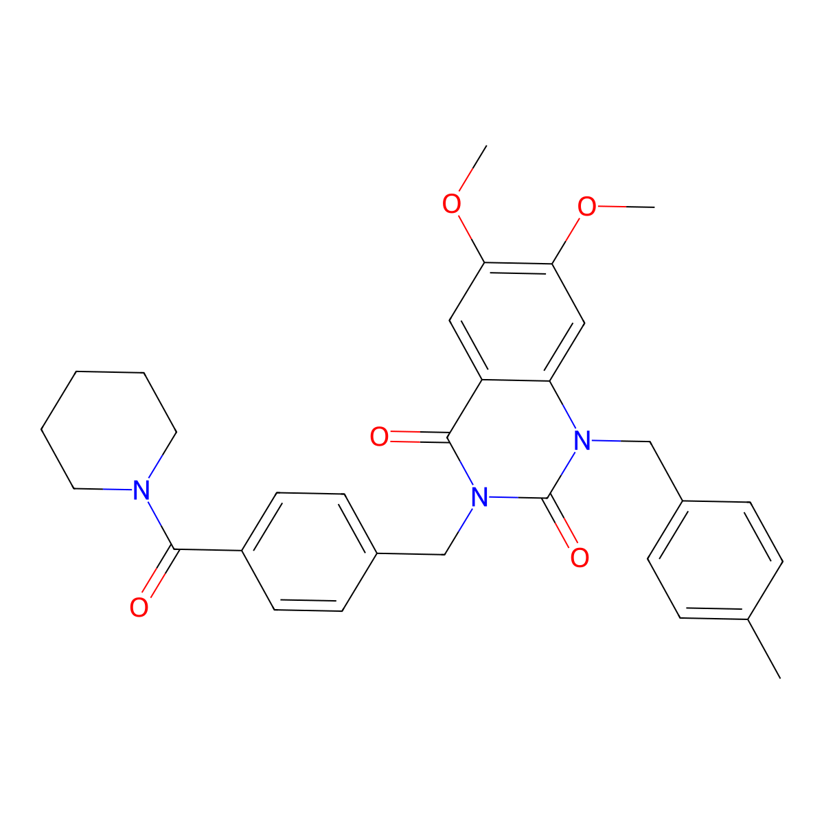 6,7-dimethoxy-1-(4-methylbenzyl)-3-(4-(piperidine-1-carbonyl)benzyl)quinazoline-2,4(1H,3H)-dione molecular structure, CAS 1296320-45-0