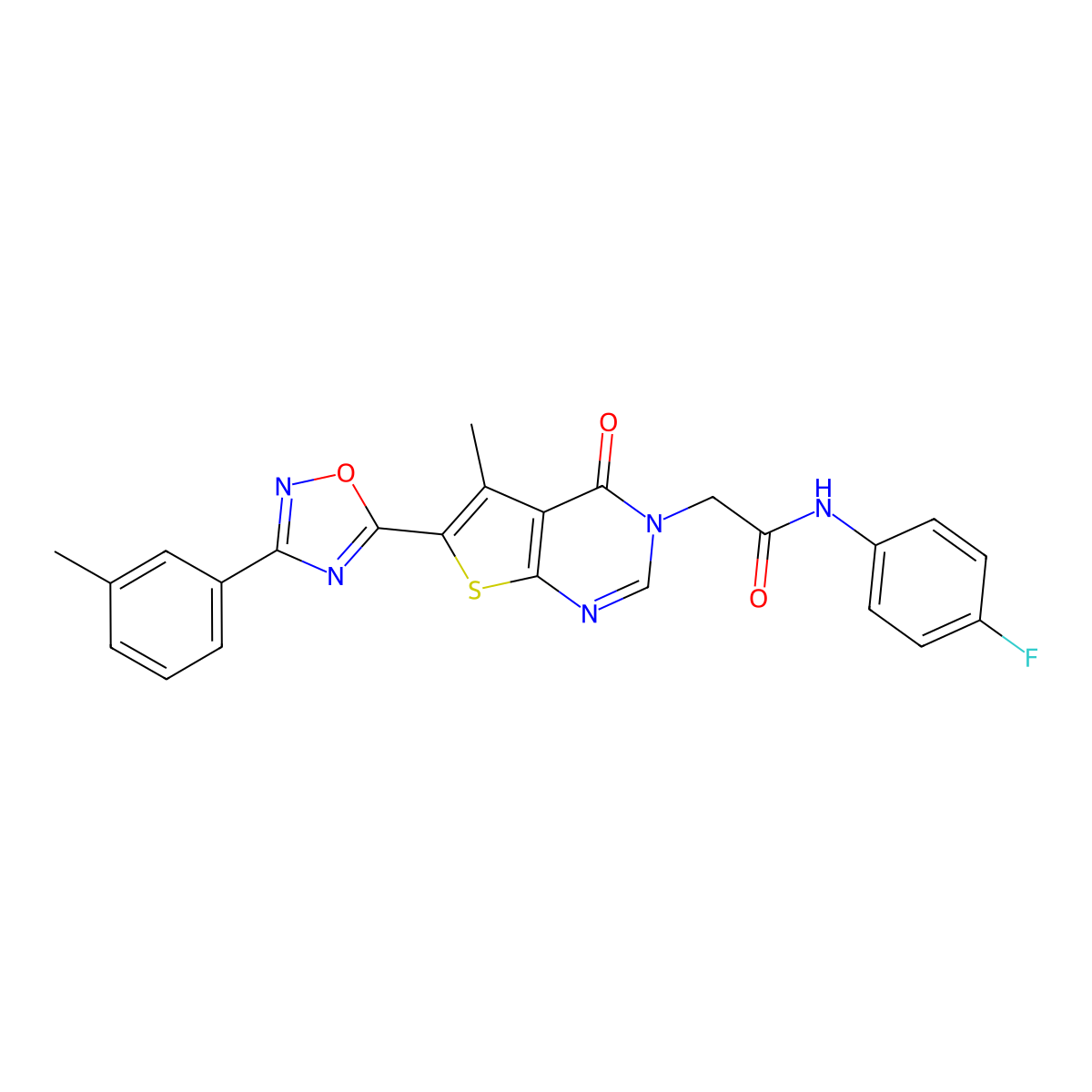 N-(4-fluorophenyl)-2-(5-methyl-4-oxo-6-(3-(m-tolyl)-1,2,4-oxadiazol-5-yl)thieno[2,3-d]pyrimidin-3(4H)-yl)acetamide molecular structure, CAS 1296330-74-9