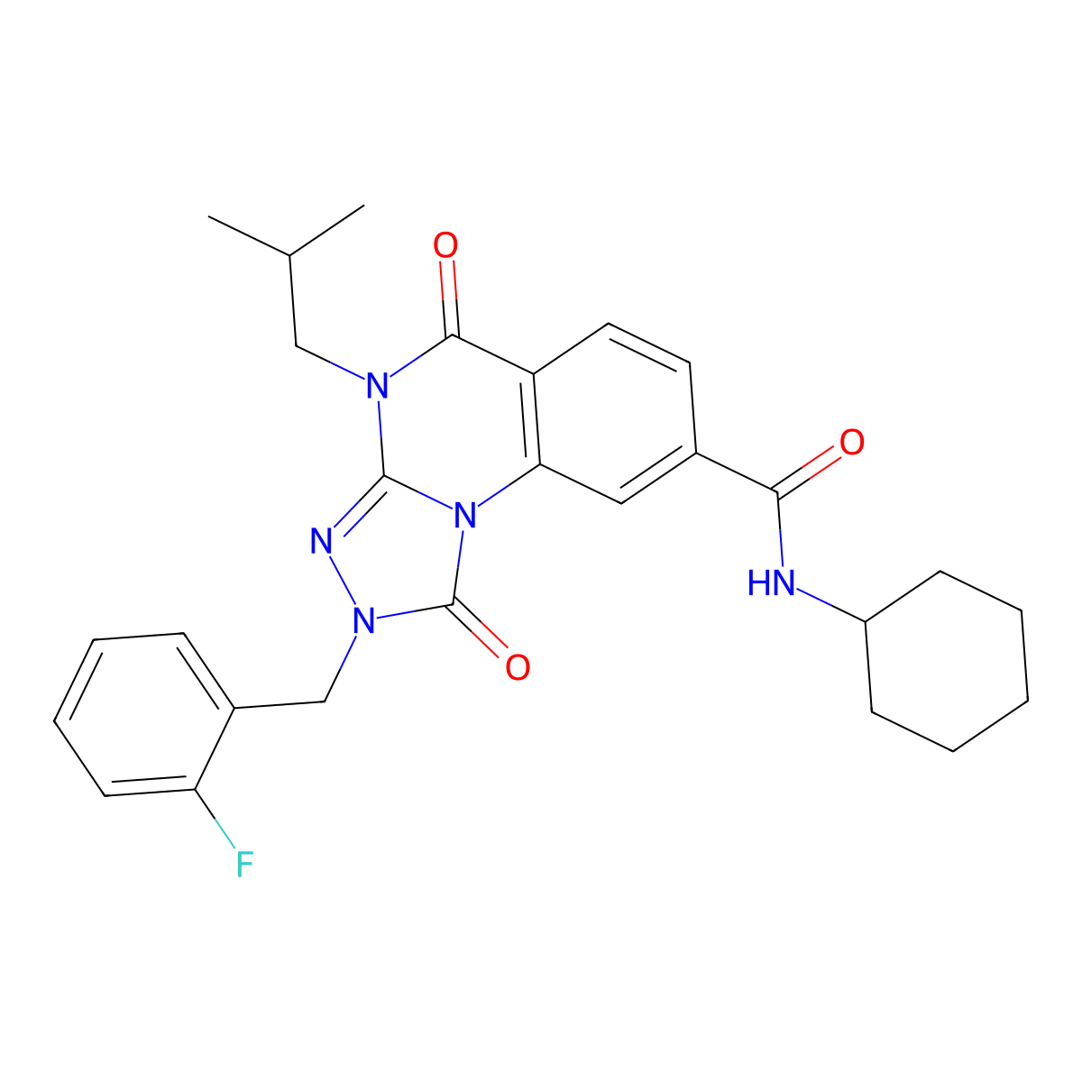 N-cyclohexyl-2-(2-fluorobenzyl)-4-isobutyl-1,5-dioxo-1,2,4,5-tetrahydro-[1,2,4]triazolo[4,3-a]quinazoline-8-carboxamide molecular structure, CAS 1296333-38-4