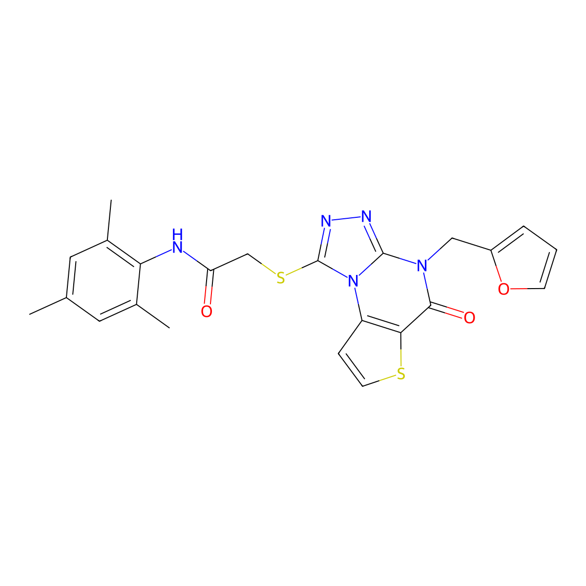 2-({8-[(furan-2-yl)methyl]-7-oxo-5-thia-1,8,10,11-tetraazatricyclo[7.3.0.0^{2,6}]dodeca-2(6),3,9,11-tetraen-12-yl}sulfanyl)-N-(2,4,6-trimethylphenyl)acetamide molecular structure, CAS 1296336-55-4