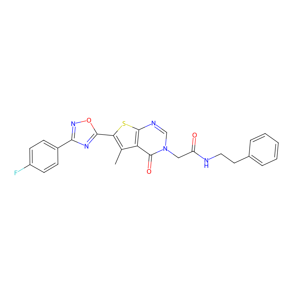 2-(6-(3-(4-fluorophenyl)-1,2,4-oxadiazol-5-yl)-5-methyl-4-oxothieno[2,3-d]pyrimidin-3(4H)-yl)-N-phenethylacetamide molecular structure, CAS 1296346-07-0