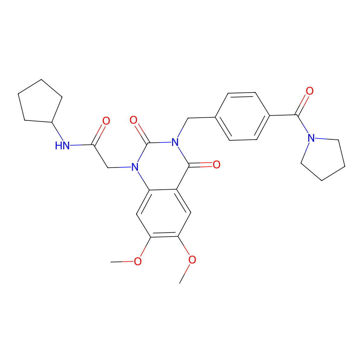 N-cyclopentyl-2-(6,7-dimethoxy-2,4-dioxo-3-(4-(pyrrolidine-1-carbonyl)benzyl)-3,4-dihydroquinazolin-1(2H)-yl)acetamide molecular structure, CAS 1296346-09-2