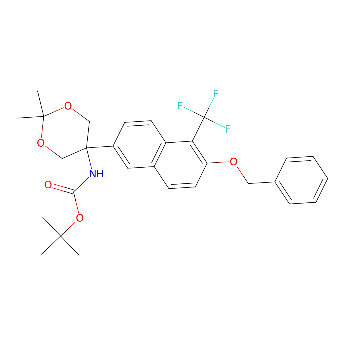 tert-Butyl (5-(6-(benzyloxy)-5-(trifluoromethyl)naphthalen-2-yl)-2,2-dimethyl-1,3-dioxan-5-yl)carbamate molecular structure, CAS 1296716-89-6