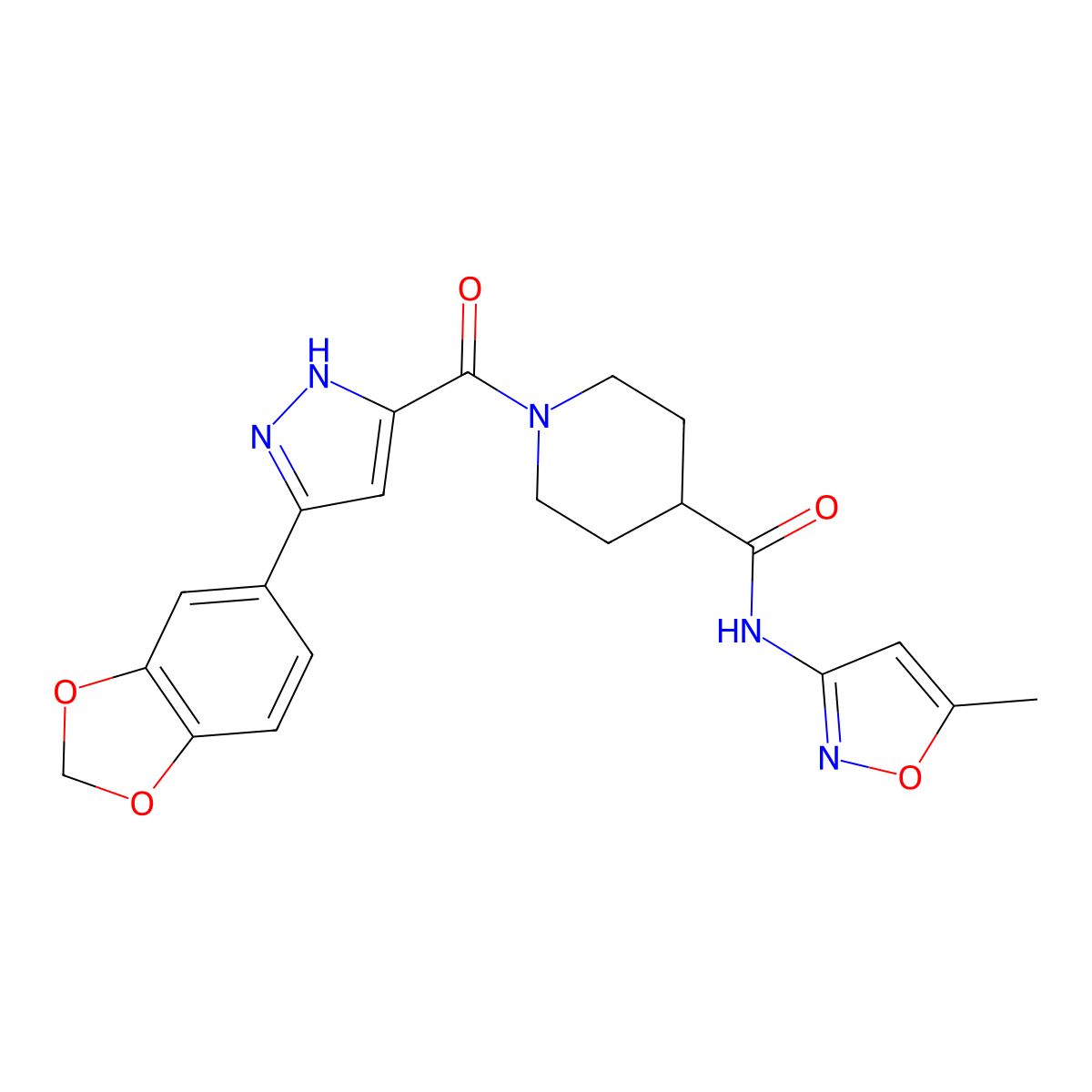 1-(3-(benzo[d][1,3]dioxol-5-yl)-1H-pyrazole-5-carbonyl)-N-(5-methylisoxazol-3-yl)piperidine-4-carboxamide molecular structure, CAS 1296782-48-3