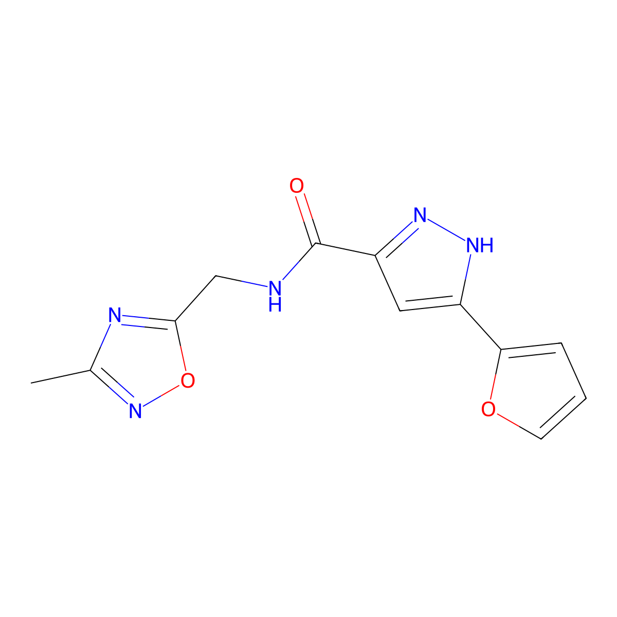 3-(furan-2-yl)-N-[(3-methyl-1,2,4-oxadiazol-5-yl)methyl]-1H-pyrazole-5-carboxamide molecular structure, CAS 1296782-49-4
