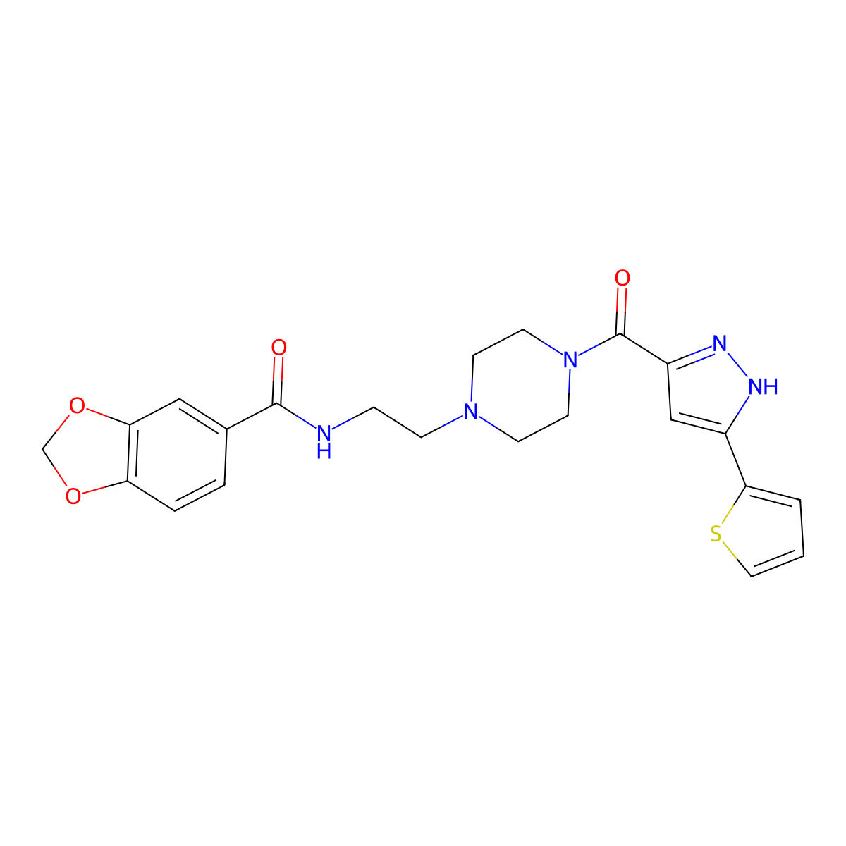N-(2-(4-(3-(thiophen-2-yl)-1H-pyrazole-5-carbonyl)piperazin-1-yl)ethyl)benzo[d][1,3]dioxole-5-carboxamide molecular structure, CAS 1296890-23-7