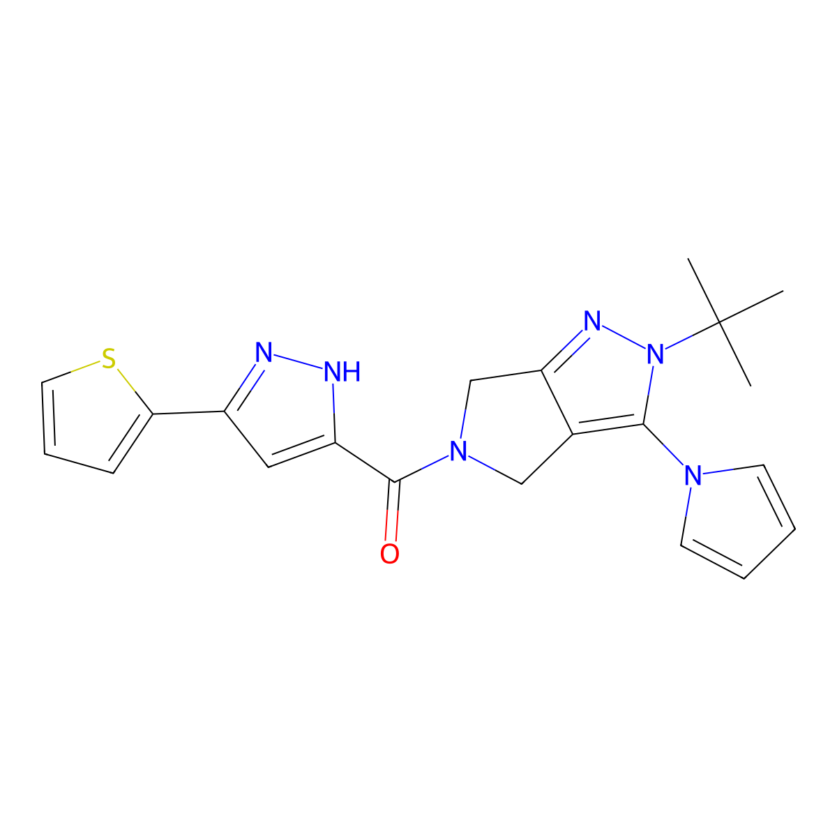 (2-(tert-butyl)-3-(1H-pyrrol-1-yl)pyrrolo[3,4-c]pyrazol-5(2H,4H,6H)-yl)(3-(thiophen-2-yl)-1H-pyrazol-5-yl)methanone molecular structure, CAS 1296890-24-8