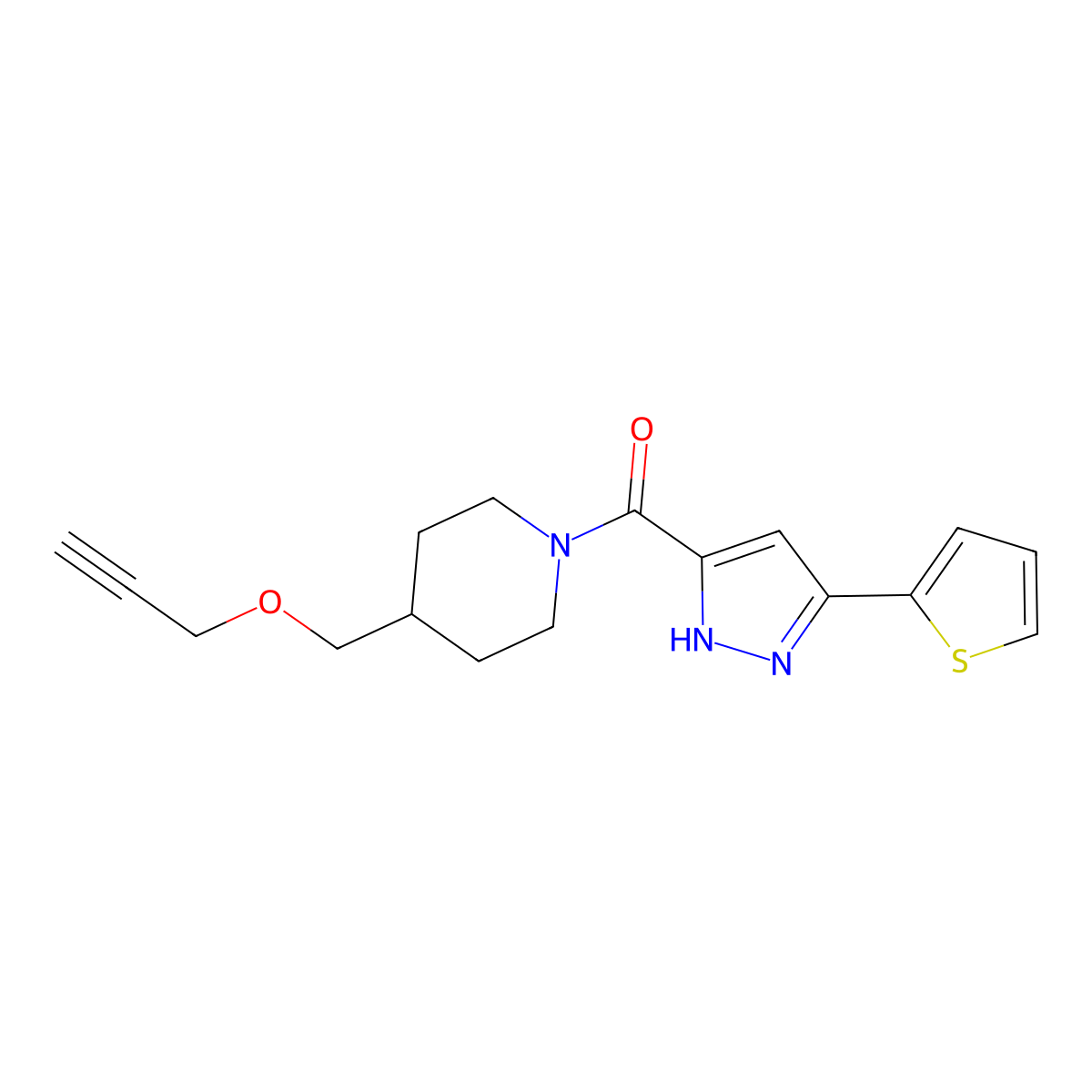 (4-((prop-2-yn-1-yloxy)methyl)piperidin-1-yl)(3-(thiophen-2-yl)-1H-pyrazol-5-yl)methanone molecular structure, CAS 1296890-27-1