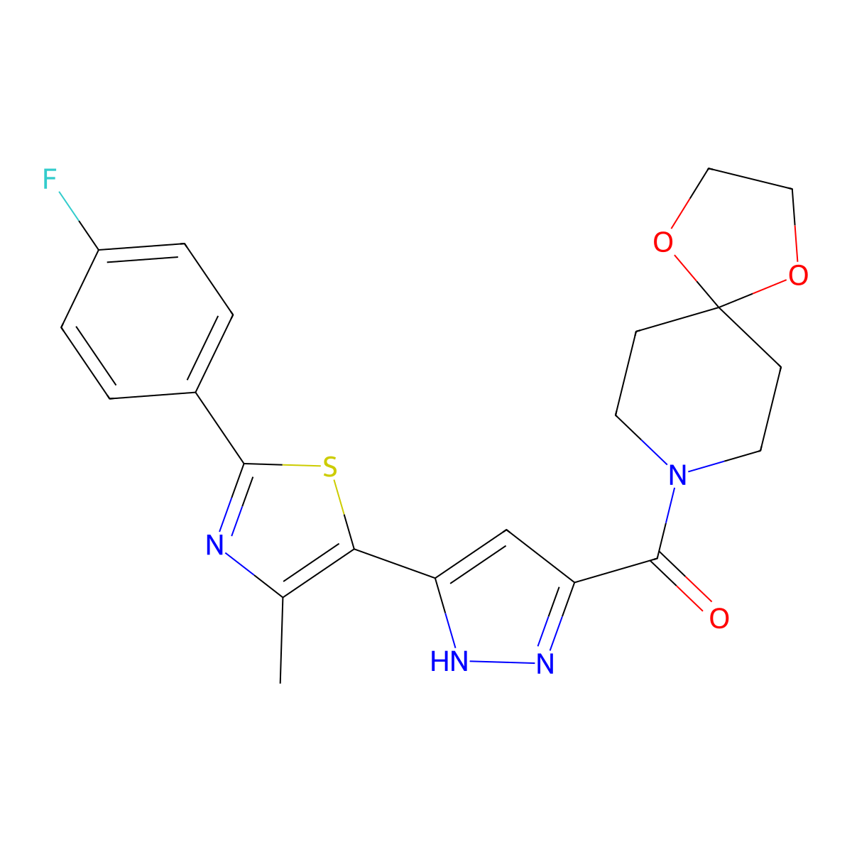 (3-(2-(4-fluorophenyl)-4-methylthiazol-5-yl)-1H-pyrazol-5-yl)(1,4-dioxa-8-azaspiro[4.5]decan-8-yl)methanone molecular structure, CAS 1296891-43-4