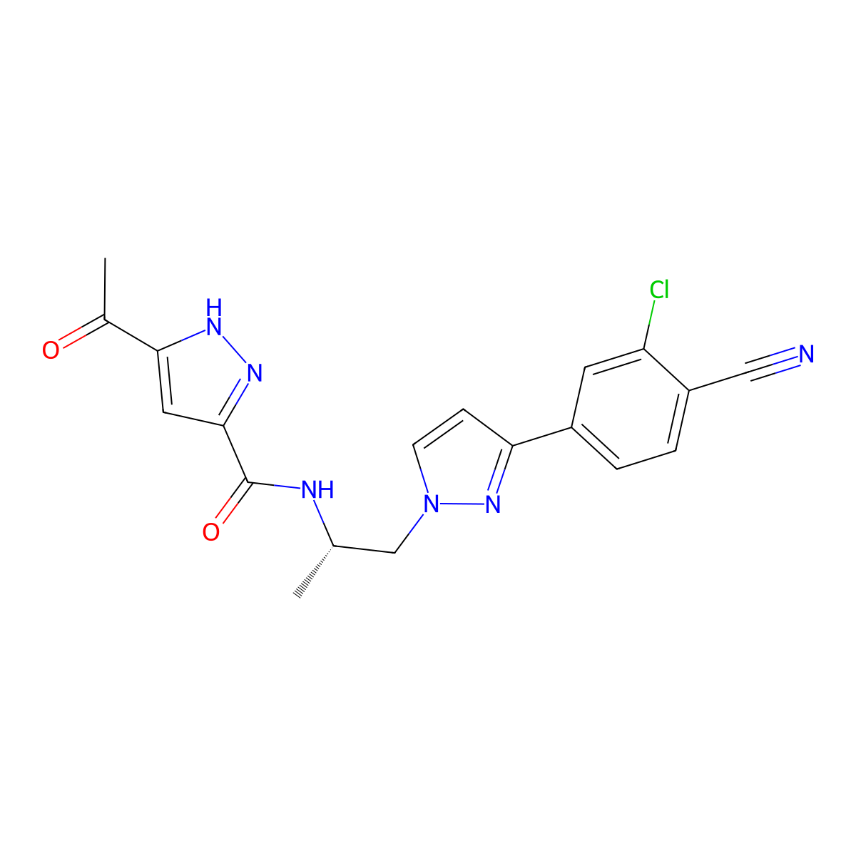 (S)-5-acetyl-N-(1-(3-(3-chloro-4-cyanophenyl)-1H-pyrazol-1-yl)propan-2-yl)-1H-pyrazole-3-carboxamide molecular structure, CAS 1297537-33-7