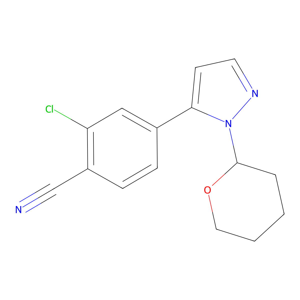 2-chloro-4-(1-(tetrahydro-2H-pyran-2-yl)-1H-pyrazol-5-yl)benzonitrile molecular structure, CAS 1297537-35-9