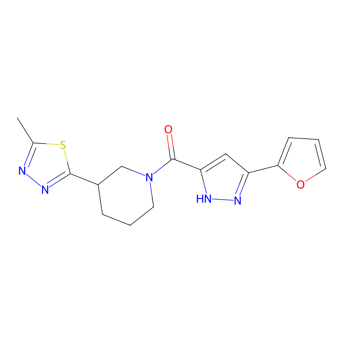 (3-(furan-2-yl)-1H-pyrazol-5-yl)(3-(5-methyl-1,3,4-thiadiazol-2-yl)piperidin-1-yl)methanone molecular structure, CAS 1297606-90-6