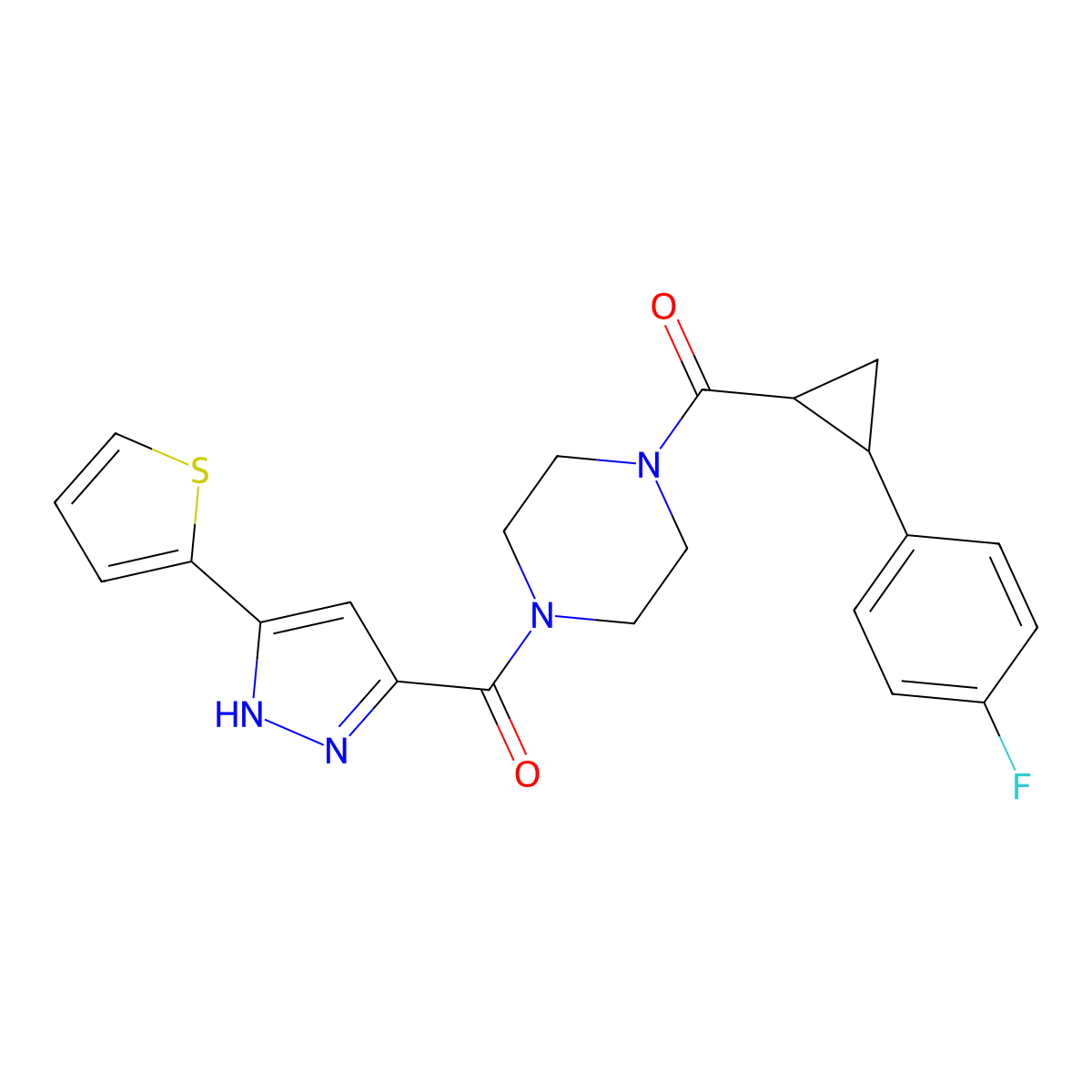 (4-(2-(4-fluorophenyl)cyclopropanecarbonyl)piperazin-1-yl)(3-(thiophen-2-yl)-1H-pyrazol-5-yl)methanone molecular structure, CAS 1297607-23-8