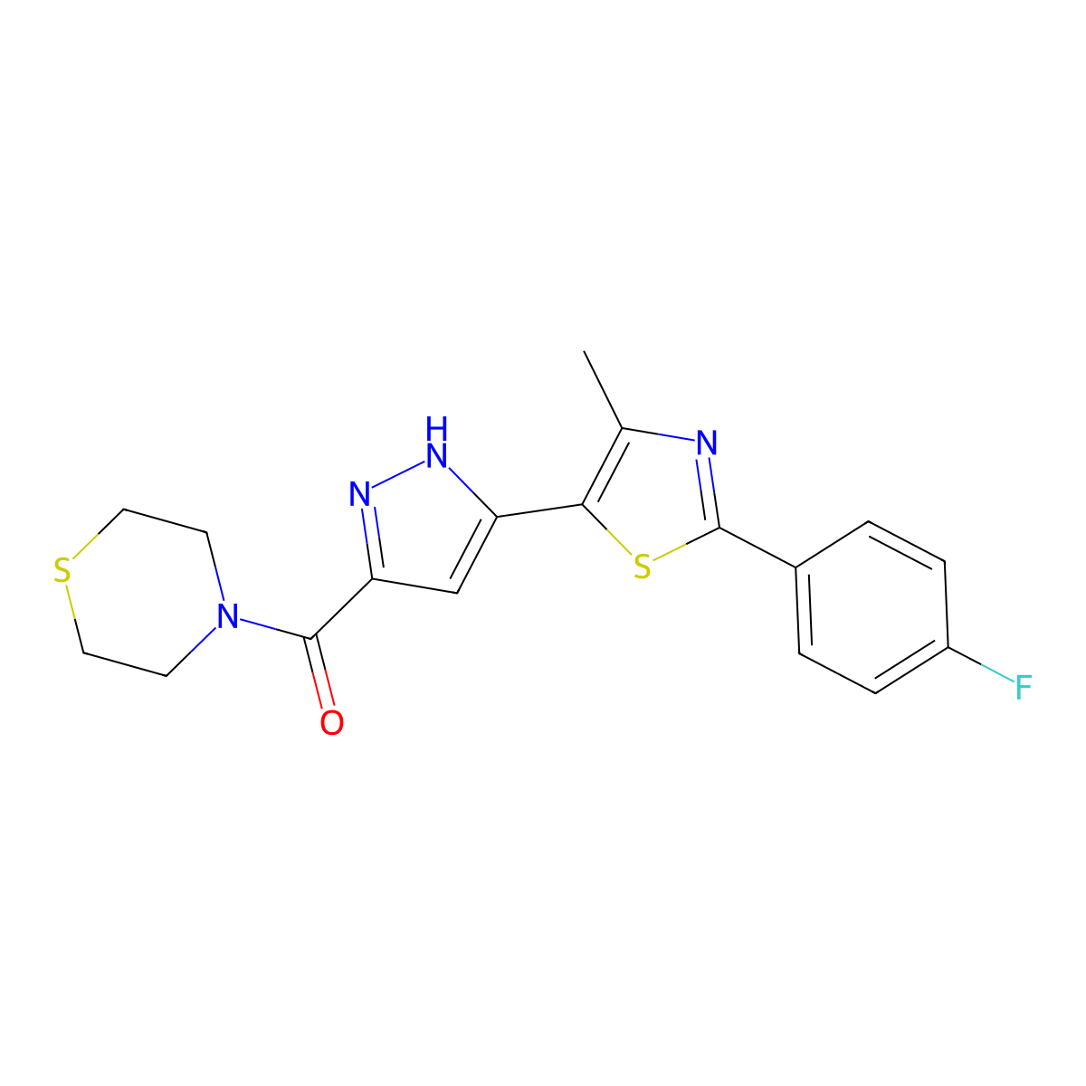 (3-(2-(4-fluorophenyl)-4-methylthiazol-5-yl)-1H-pyrazol-5-yl)(thiomorpholino)methanone molecular structure, CAS 1297607-39-6