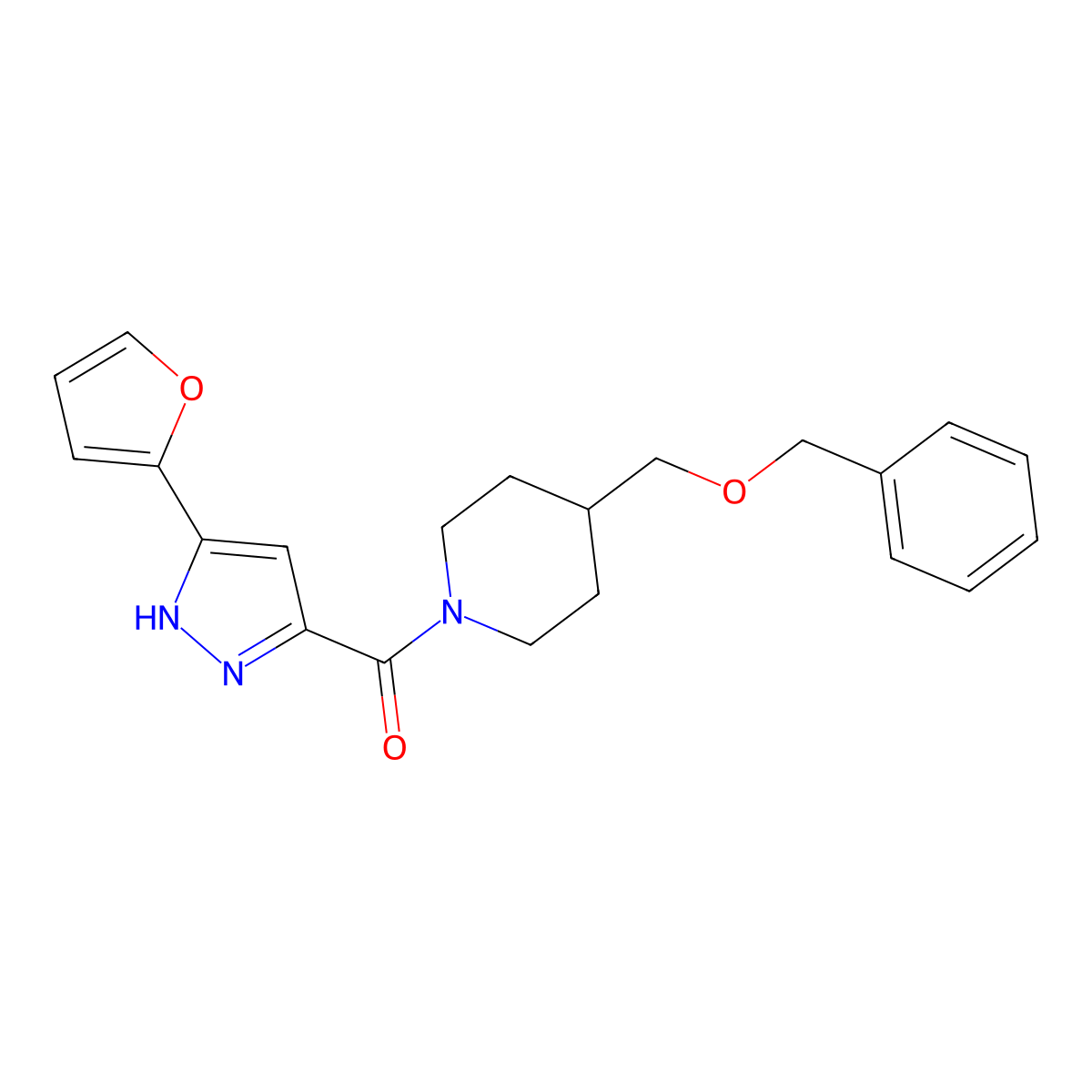 (4-((benzyloxy)methyl)piperidin-1-yl)(3-(furan-2-yl)-1H-pyrazol-5-yl)methanone molecular structure, CAS 1297607-49-8