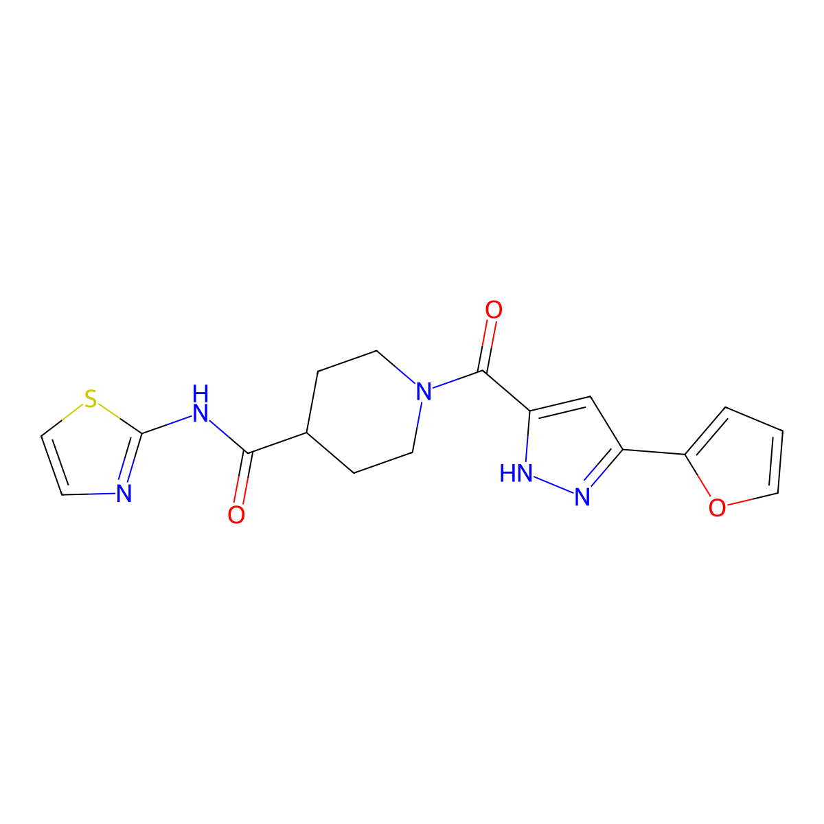 1-(3-(furan-2-yl)-1H-pyrazole-5-carbonyl)-N-(thiazol-2-yl)piperidine-4-carboxamide molecular structure, CAS 1297607-91-0