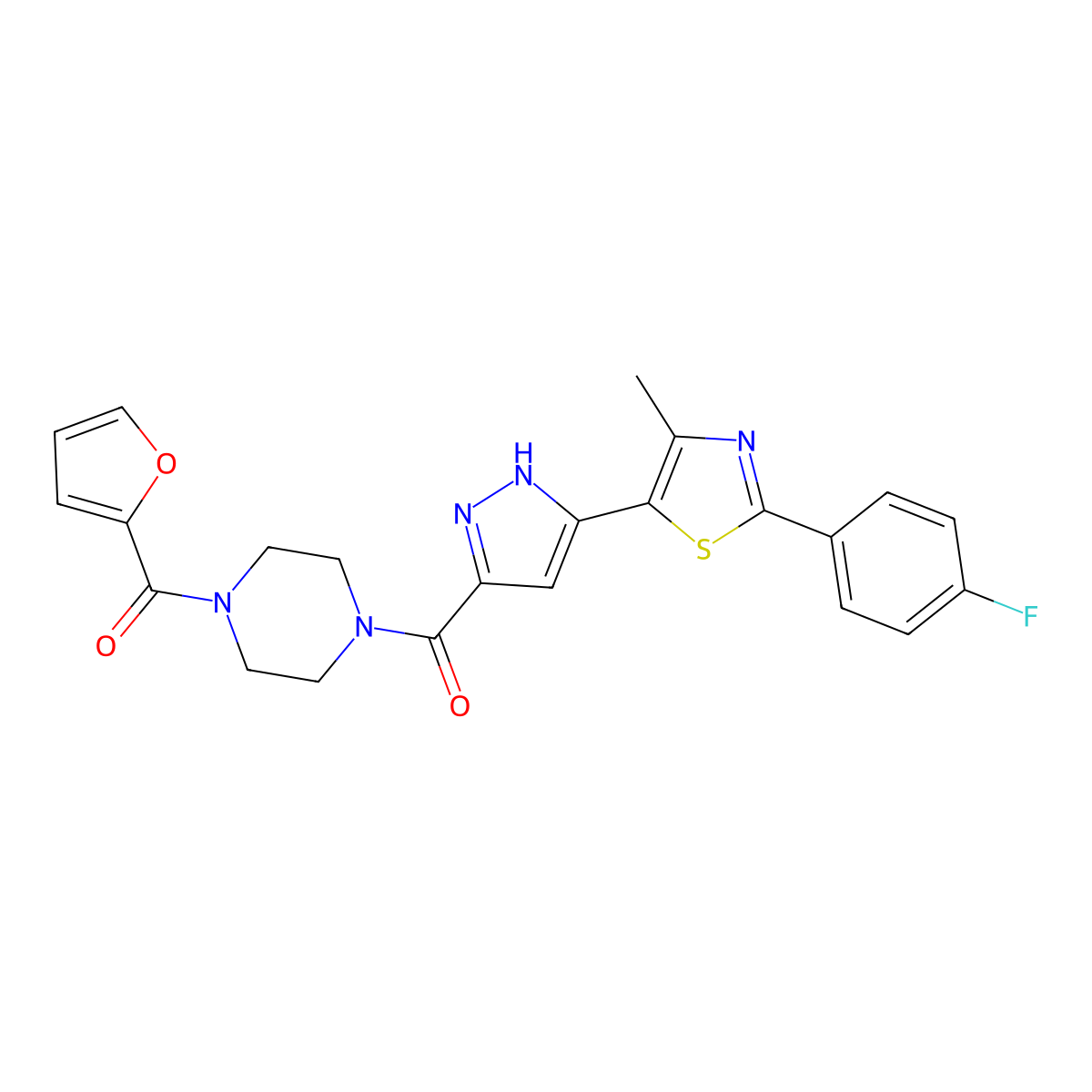 (3-(2-(4-fluorophenyl)-4-methylthiazol-5-yl)-1H-pyrazol-5-yl)(4-(furan-2-carbonyl)piperazin-1-yl)methanone molecular structure, CAS 1297610-00-4