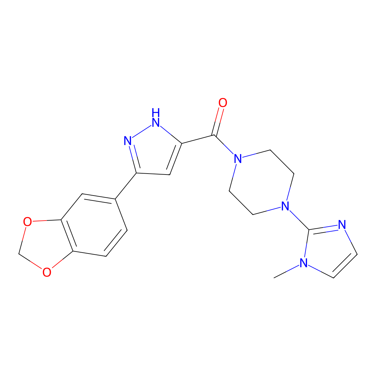 (3-(benzo[d][1,3]dioxol-5-yl)-1H-pyrazol-5-yl)(4-(1-methyl-1H-imidazol-2-yl)piperazin-1-yl)methanone molecular structure, CAS 1297610-03-7
