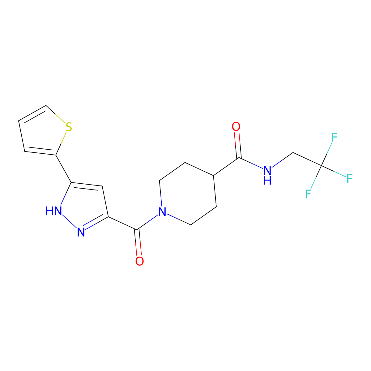 1-[3-(thiophen-2-yl)-1H-pyrazole-5-carbonyl]-N-(2,2,2-trifluoroethyl)piperidine-4-carboxamide molecular structure, CAS 1297610-08-2