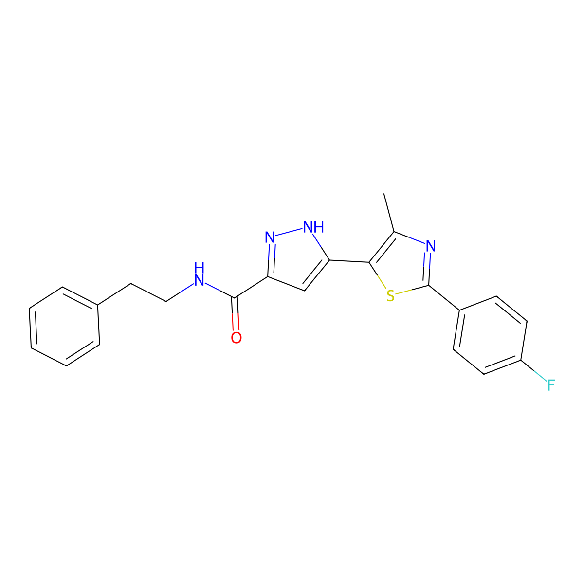 3-(2-(4-fluorophenyl)-4-methylthiazol-5-yl)-N-phenethyl-1H-pyrazole-5-carboxamide molecular structure, CAS 1297612-20-4