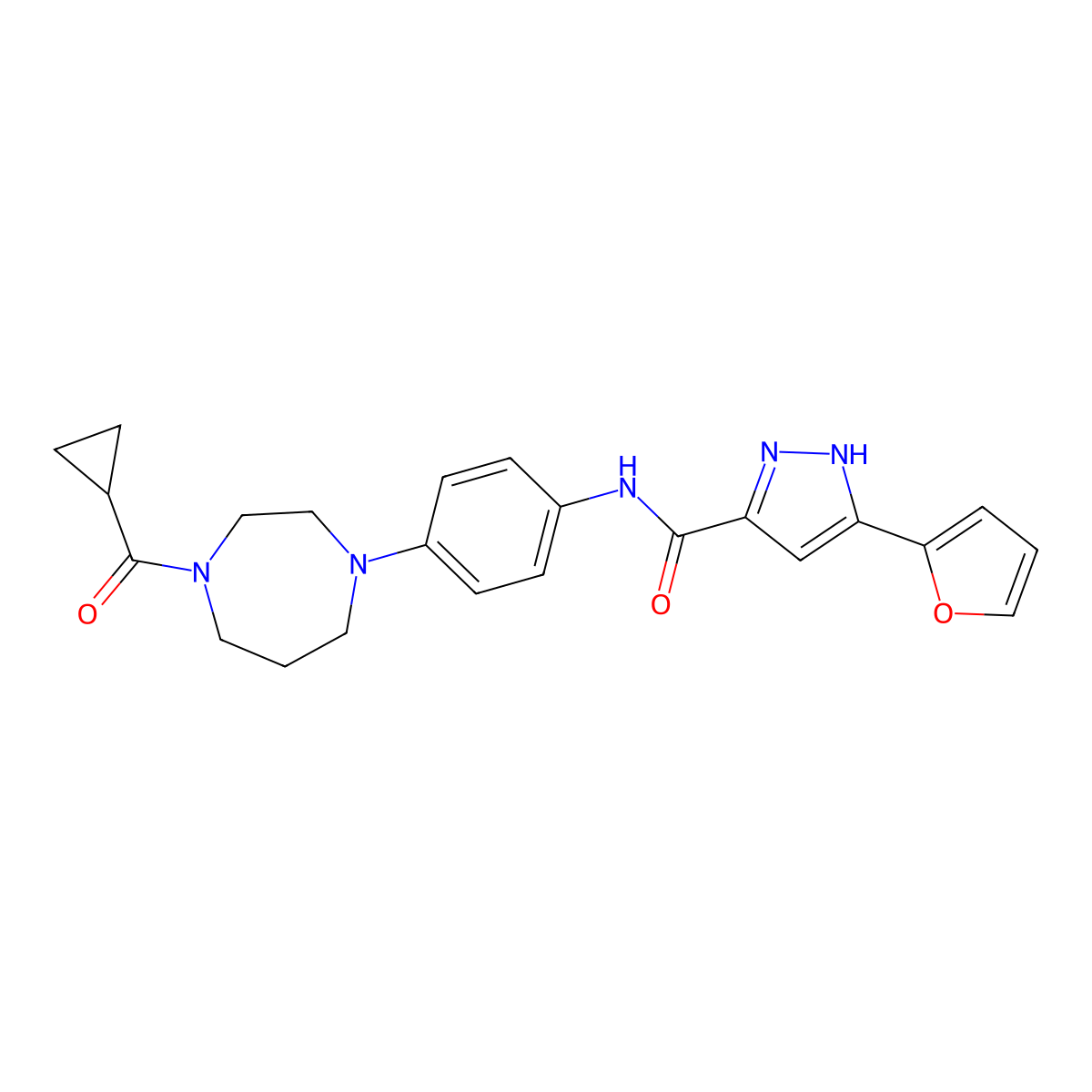 N-(4-(4-(cyclopropanecarbonyl)-1,4-diazepan-1-yl)phenyl)-3-(furan-2-yl)-1H-pyrazole-5-carboxamide molecular structure, CAS 1297612-31-7