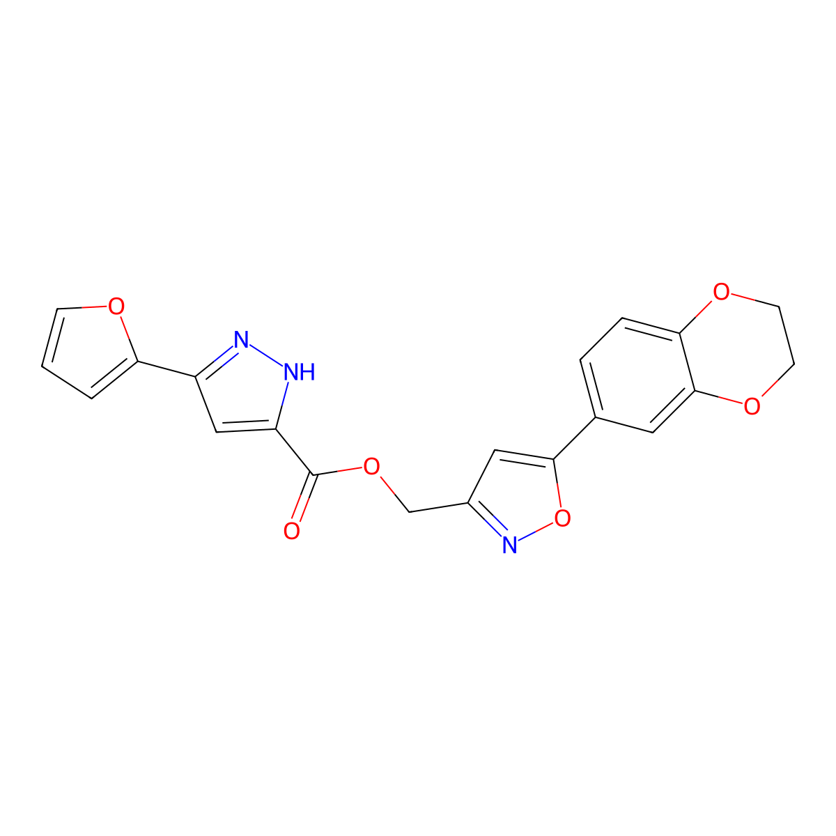 (5-(2,3-dihydrobenzo[b][1,4]dioxin-6-yl)isoxazol-3-yl)methyl 3-(furan-2-yl)-1H-pyrazole-5-carboxylate molecular structure, CAS 1297612-82-8
