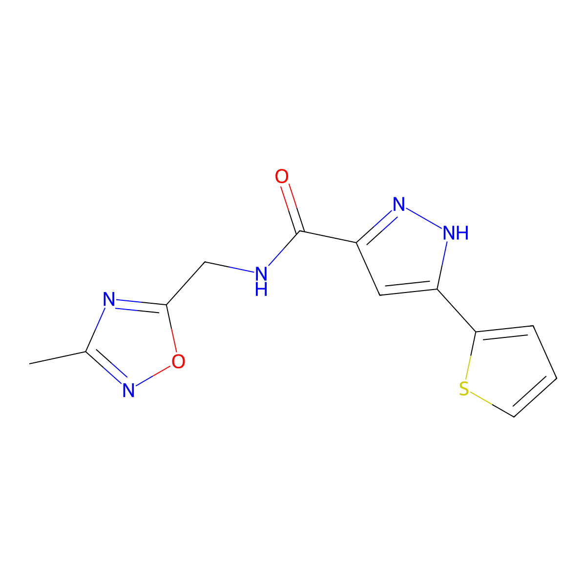 N-((3-methyl-1,2,4-oxadiazol-5-yl)methyl)-3-(thiophen-2-yl)-1H-pyrazole-5-carboxamide molecular structure, CAS 1297612-99-7